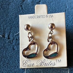 Dainty Heart Drop Earrings - Silver Tone with Turquoise Inlay